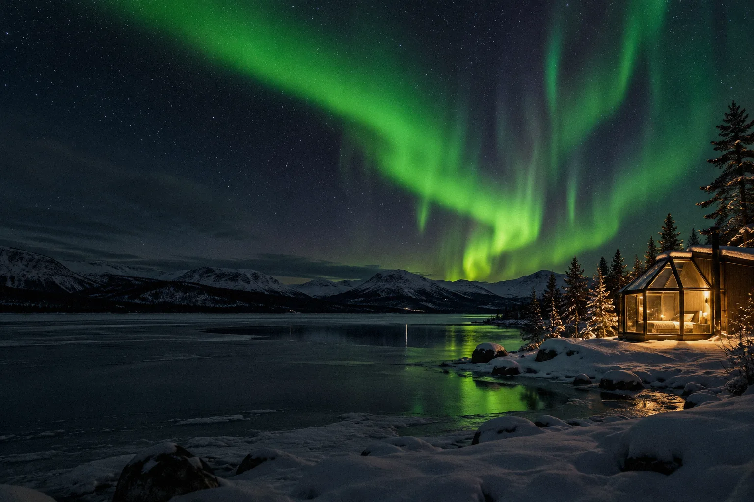 Aurora boreal sobre lago congelado