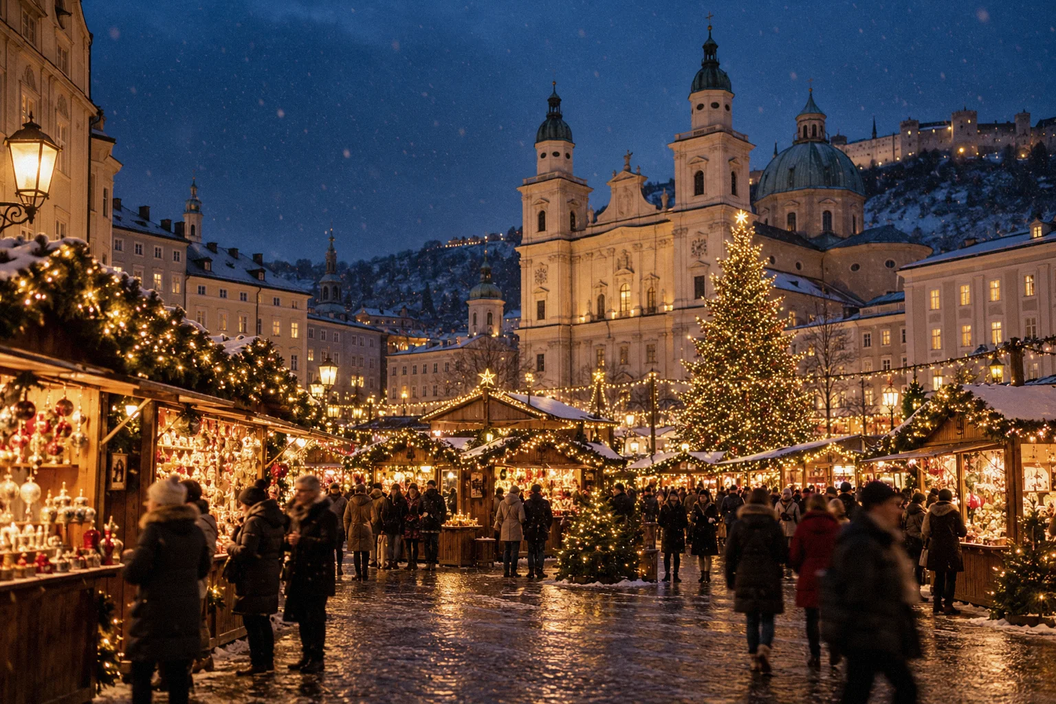 Mercado de Natal iluminado à noite