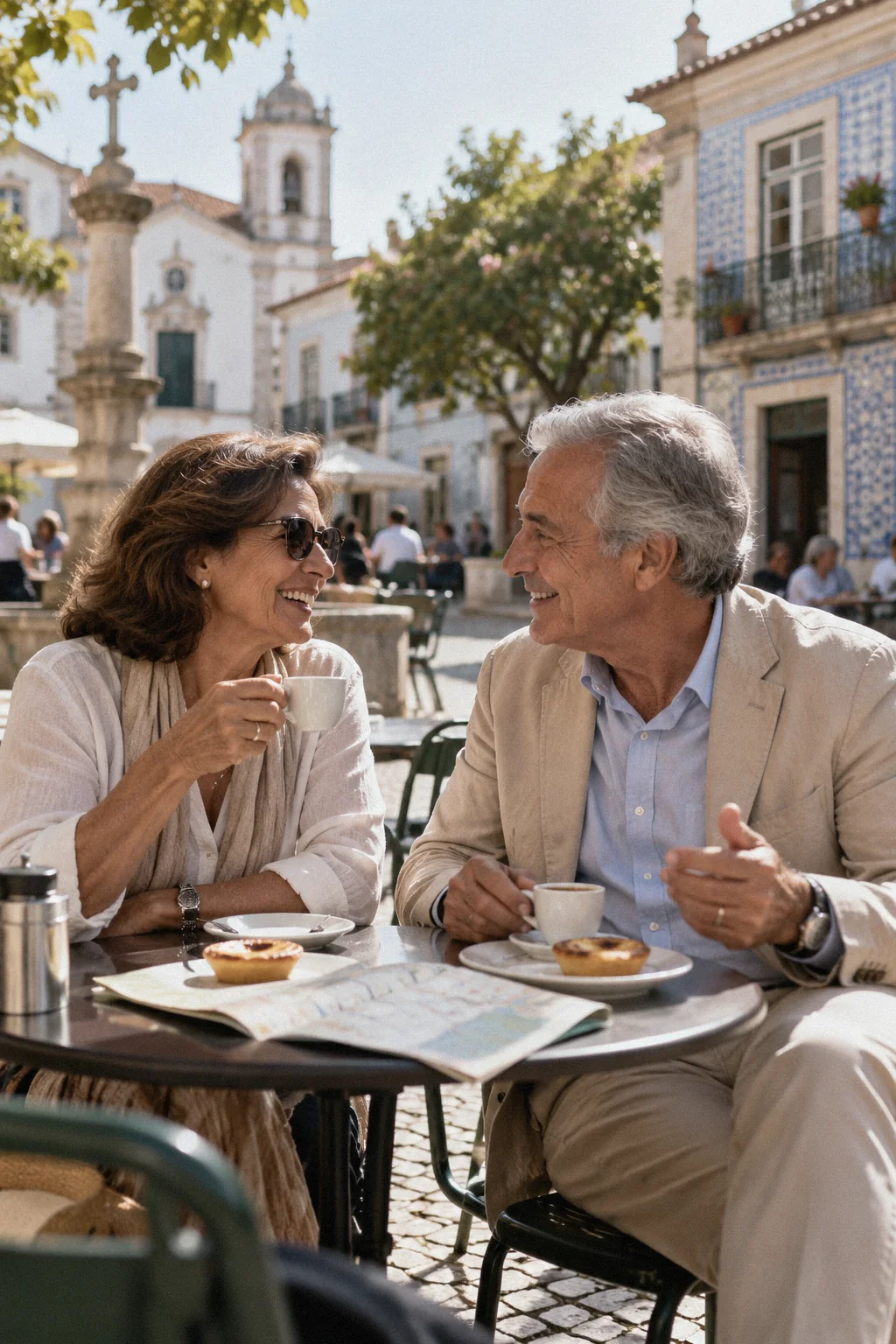 Casal de viajantes tomando café numa praça europeia